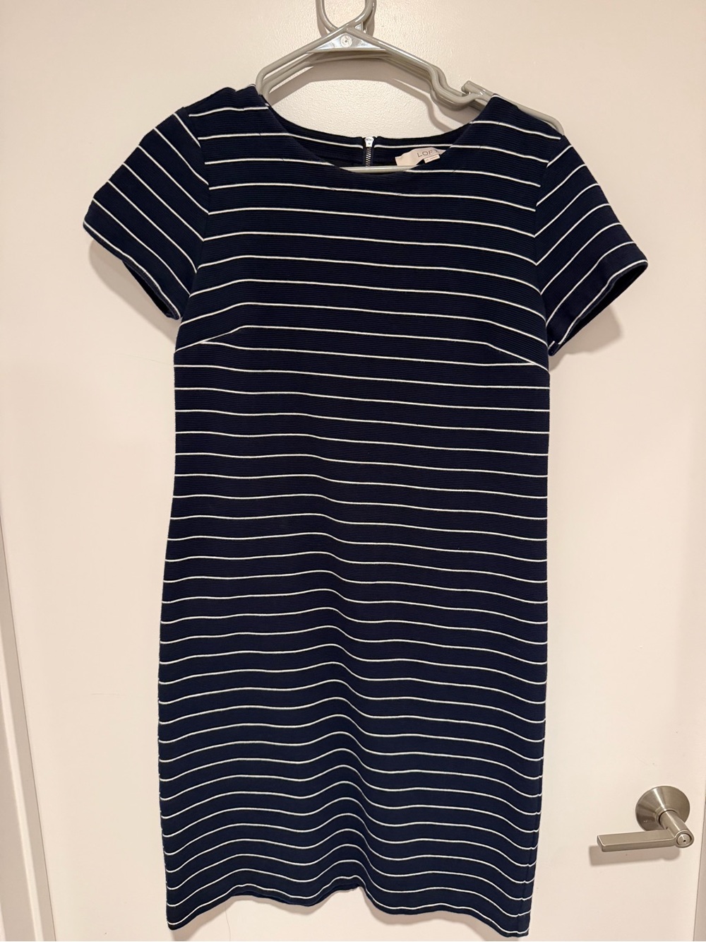LOFT Navy and White Striped Short-Sleeve Shift Dress
